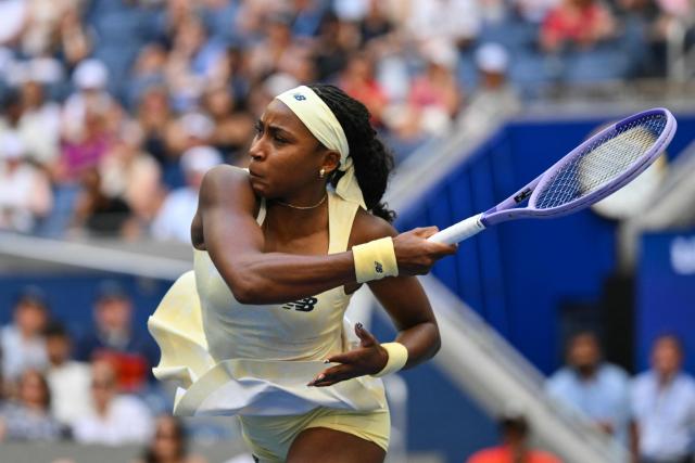 USA's Coco Gauff plays a return against Spain's Cristina Bucsa during their women's singles third round tennis match on day seven of the US Open tennis tournament at the USTA Billie Jean King National Tennis Center in New York City on September 5, 2026. (Photo by ANGELA WEISS / AFP)