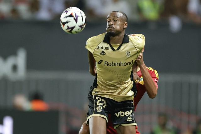 Nice's Cameroonian forward #29 Nathan Ngoumou heads the ball during the French L1 football match between OGC Nice and Le Mans FC at the Allianz Riviera Stadium in Nice, southeastern France, on September 5, 2026. (Photo by Valery HACHE / AFP)