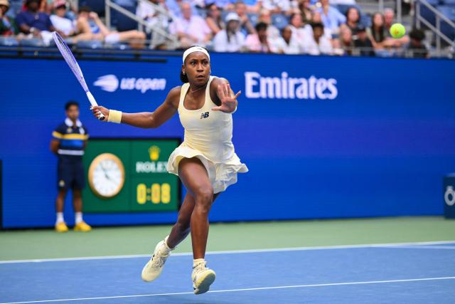 USA's Coco Gauff plays a return to Spain's Cristina Bucsa during their women's singles third round tennis match on day seven of the US Open tennis tournament at the USTA Billie Jean King National Tennis Center in New York City on September 5, 2026. (Photo by ANGELA WEISS / AFP)
