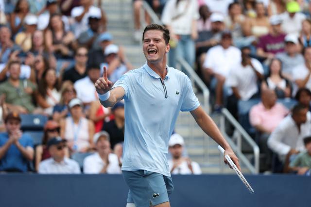 Belgium's Alexander Blockx celebrates defeating Italy's Flavio Cobolli during at the end of their men's singles third round tennis match on day seven of the US Open tennis tournament at the USTA Billie Jean King National Tennis Center in New York City on September 5, 2026. (Photo by TIMOTHY A. CLARY / AFP)