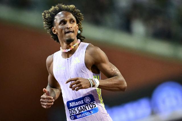 Brazil's Alison Dos Santos reacts as he crosses the line to win the men's 400m Hurdles final during the World Athletics Diamond League athletics meeting at the King Baudouin Stadium in Brussels, on September 5, 2026. (Photo by NICOLAS TUCAT / AFP)