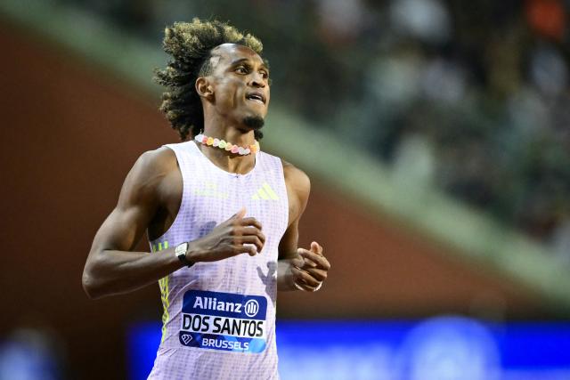 Brazil's Alison Dos Santos reacts as he crosses the line to win the men's 400m Hurdles final during the World Athletics Diamond League athletics meeting at the King Baudouin Stadium in Brussels, on September 5, 2026. (Photo by NICOLAS TUCAT / AFP)