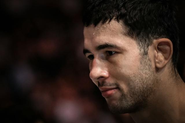 France's Axel Sola smiles after his fights with France's Fares Ziam (unseen) during their mixed martial arts (MMA) at the 5th edition of the Ultimate Fighting Championship (UFC) at the Bercy Accor Arena, in Paris, on September 5, 2026. (Photo by LOU BENOIST / AFP)