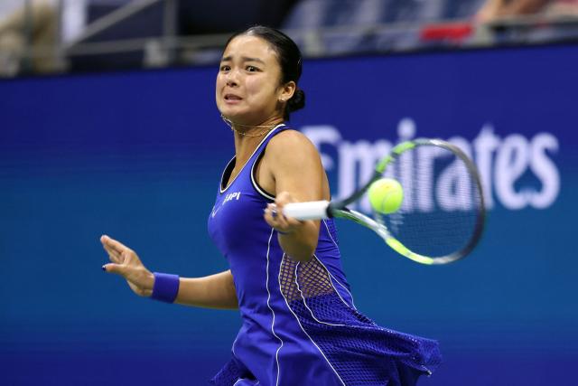 Philippines' Alexandra Eala hits a return to USA's Iva Jovic during their women's singles third round tennis match on day seven of the US Open tennis tournament at the USTA Billie Jean King National Tennis Center in New York City on September 5, 2026. (Photo by Leonardo MUNOZ / AFP)