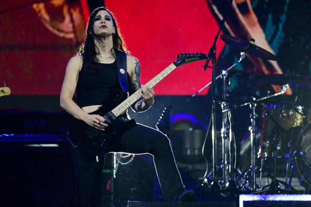 Brazilian guitarist Helena Katina of the Brazilian band Nervosa performs during the second day of the Rock in Rio music festival at Rio 2016 Olympic Park in Rio de Janeiro, Brazil on September 5, 2026. (Photo by Pablo PORCIUNCULA / AFP)