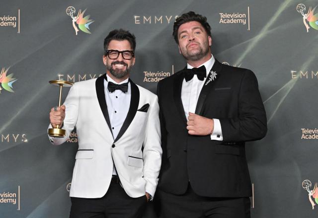 US reality TV personalities Johnny Devenanzio (L) and CT Tamburello (R) attend Night One of the 78th Emmy Awards at the Peacock Theater in Los Angeles on September 5, 2026. (Photo by LISA O`CONNOR / AFP)