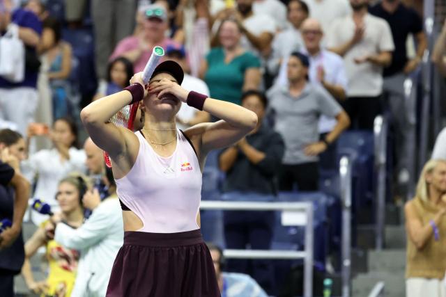 USA's Iva Jovic reacts after defeating Philippines' Alexandra Eala during their women's singles third round tennis match against on day seven of the US Open tennis tournament at the USTA Billie Jean King National Tennis Center in New York City on September 5, 2026. (Photo by Leonardo MUNOZ / AFP)