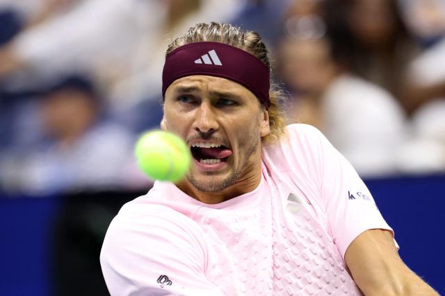 Germany's Alexander Zverev hits a return to Chile's Alejandro Tabilo during their men's singles third round tennis match on day seven of the US Open tennis tournament at the USTA Billie Jean King National Tennis Center in New York City on September 5, 2026. (Photo by Leonardo MUNOZ / AFP)