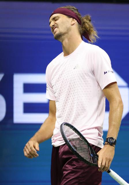 Germany's Alexander Zverev reacts during the men's singles third-round tennis match against Chile's Alejandro Tabilo on day seven of the US Open tennis tournament at the USTA Billie Jean King National Tennis Center in New York City on September 5, 2026. (Photo by Leonardo MUNOZ / AFP)