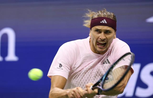 Germany's Alexander Zverev hits a return to Chile's Alejandro Tabilo during their men's singles third-round tennis match on day seven of the US Open tennis tournament at the USTA Billie Jean King National Tennis Center in New York City on September 5, 2026. (Photo by Leonardo MUNOZ / AFP)