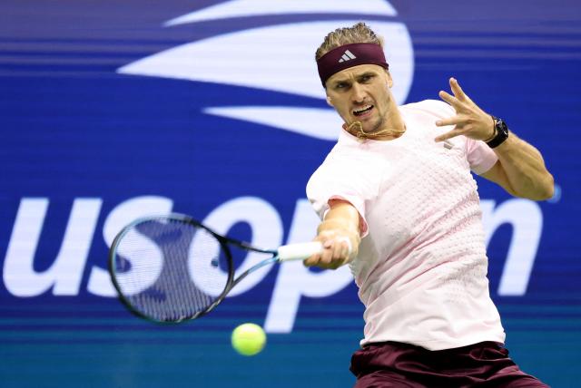 Germany's Alexander Zverev hits a return to Chile's Alejandro Tabilo during their men's singles third-round tennis match on day seven of the US Open tennis tournament at the USTA Billie Jean King National Tennis Center in New York City on September 5, 2026. (Photo by Leonardo MUNOZ / AFP)