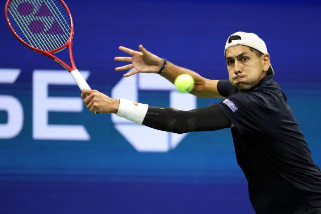 Chile's Alejandro Tabilo hits a return to Germany's Alexander Zverev during their men's singles third round tennis match on day seven of the US Open tennis tournament at the USTA Billie Jean King National Tennis Center in New York City on September 5, 2026. (Photo by Leonardo MUNOZ / AFP)