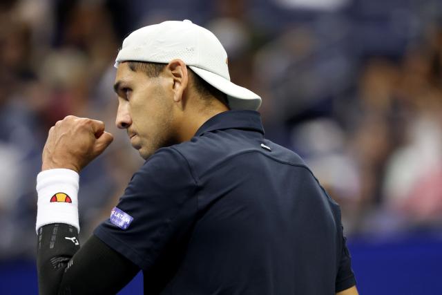 Chile's Alejandro Tabilo reacts after a point during his men's singles third round tennis match against Germany's Alexander Zverev on day seven of the US Open tennis tournament at the USTA Billie Jean King National Tennis Center in New York City on September 5, 2026. (Photo by Leonardo MUNOZ / AFP)