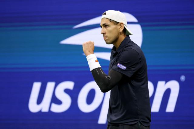 Chile's Alejandro Tabilo reacts after a point during his men's singles third round tennis match against Germany's Alexander Zverev on day seven of the US Open tennis tournament at the USTA Billie Jean King National Tennis Center in New York City in the early hours of September 6, 2026. (Photo by Leonardo MUNOZ / AFP)