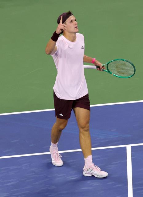 Czech Republic's Jakub Mensik reacts after a point during his men's singles third round tennis match against USA's Learner Tien on day seven of the US Open tennis tournament at the USTA Billie Jean King National Tennis Center in New York City on September 5, 2026. (Photo by KENA BETANCUR / AFP)