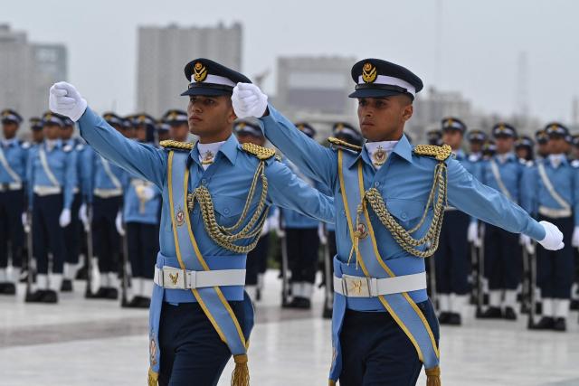 Air Force cadets march at the mausoleum of Pakistan's founding father Muhammad Ali Jinnah in Karachi on September 6, 2026, during celebrations to mark the country's Defence Day. (Photo by Asif HASSAN / AFP)