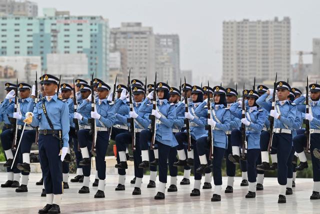 Air Force cadets march at the mausoleum of Pakistan's founding father Muhammad Ali Jinnah in Karachi on September 6, 2026, during celebrations to mark the country's Defence Day. (Photo by Asif HASSAN / AFP)