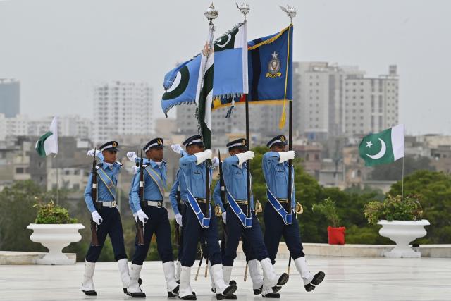 Air Force cadets march at the mausoleum of Pakistan's founding father Muhammad Ali Jinnah in Karachi on September 6, 2026, during celebrations to mark the country's Defence Day. (Photo by Asif HASSAN / AFP)