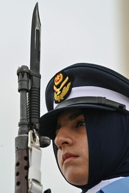 An Air Force cadet stands guard at the mausoleum of Pakistan's founding father Muhammad Ali Jinnah in Karachi on September 6, 2026, during celebrations to mark the country's Defence Day. (Photo by Asif HASSAN / AFP)