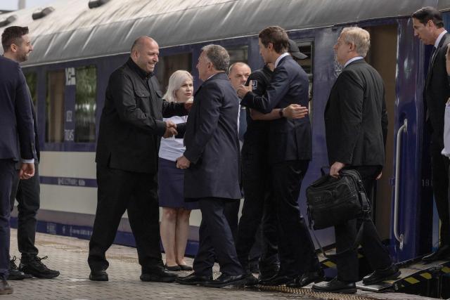 Rustem Umerov, (2nd L) Head of the Foreign Intelligence Service of Ukraine, greets US Special Envoys for Peace Steve Witkoff (C) and Jared Kushner (C,R) as they arrive at a railway station in Kyiv on September 6, 2026, on their first visit to the Ukrainian capital since Russia's invasion of Ukraine began, as part of a US-brokered push to end the war following the pair's talks with Russian President in Moscow a day earlier. (Photo by Roman PILIPEY / AFP)