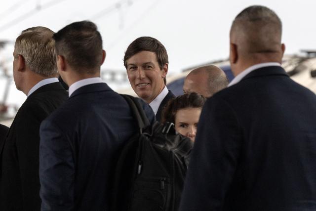 US Special Envoys for Peace Jared Kushner (C) and Steve Witkoff (not pictured) arrive at a railway station in Kyiv on September 6, 2026, on their first visit to the Ukrainian capital since Russia's invasion of Ukraine began, as part of a US-brokered push to end the war following the pair's talks with Russian President in Moscow a day earlier. (Photo by Roman PILIPEY / AFP)