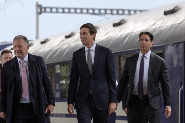 US Special Envoys for Peace Jared Kushner (C) and Steve Witkoff (L) arrive at a railway station in Kyiv on September 6, 2026, on their first visit to the Ukrainian capital since Russia's invasion of Ukraine began, as part of a US-brokered push to end the war following the pair's talks with Russian President in Moscow a day earlier. (Photo by Roman PILIPEY / AFP)