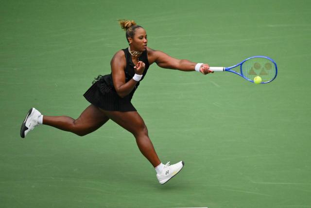 US's Taylor Townsend hits a return against Belarus's Aryna Sabalenka during their women's singles round of 16 tennis match  on day eight of the US Open tennis tournament at the USTA Billie Jean King National Tennis Center in New York City on September 6, 2026.  (Photo by ANGELA WEISS / AFP)