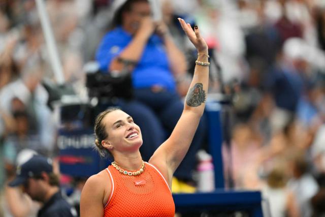 US's Taylor Townsend gestures to the crowd after defeating  Belarus's Aryna Sabalenka during their women's singles round of 16 tennis match  on day eight of the US Open tennis tournament at the USTA Billie Jean King National Tennis Center in New York City on September 6, 2026.  (Photo by ANGELA WEISS / AFP)