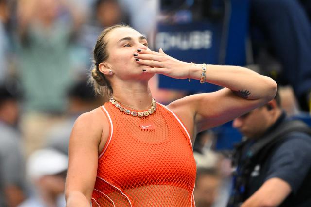 Belarus's Aryna Sabalenka gestures to the crowd after defeating US's Taylor Townsend during their women's singles round of 16 tennis match  on day eight of the US Open tennis tournament at the USTA Billie Jean King National Tennis Center in New York City on September 6, 2026.  (Photo by ANGELA WEISS / AFP)