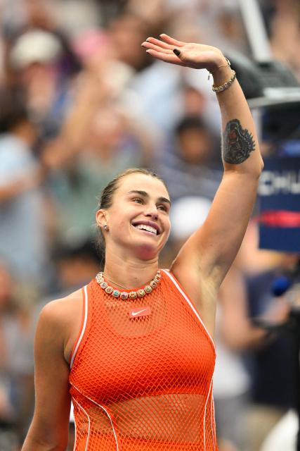 Belarus's Aryna Sabalenka gestures to the crowd after defeating US's Taylor Townsend during their women's singles round of 16 tennis match  on day eight of the US Open tennis tournament at the USTA Billie Jean King National Tennis Center in New York City on September 6, 2026.  (Photo by ANGELA WEISS / AFP)