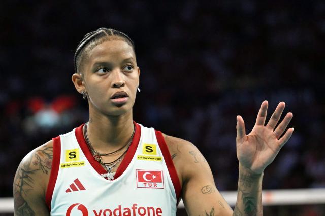 Turkey's opposite #04 Melissa Teresa Vargas reacts during the Women's European Volleyball Championship EuroVolley final match between Italy and Turkey at the Sinan Erdem Sports Hall in Istanbul on September 6, 2026. (Photo by Ozan KOSE / AFP)