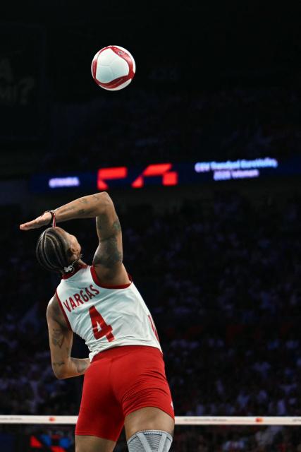 Turkey's opposite #04 Melissa Teresa Vargas serves during the Women's European Volleyball Championship EuroVolley final match between Italy and Turkey at the Sinan Erdem Sports Hall in Istanbul on September 6, 2026. (Photo by Ozan KOSE / AFP)