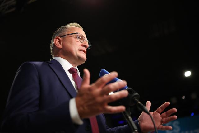 Co-leader of the far-right Alternative for Germany (AfD) party Tino Chrupalla addresses supporters at the AfD's election party following Saxony-Anhalt's state elections in Magdeburg, eastern Germany on September 6, 2026. Germany's far-right AfD won a landslide victory in a key regional election on September 6 in the ex-communist east, according to exit polls, but it remain unclear whether it can win an absolute majority to govern. (Photo by Ronny HARTMANN / AFP)