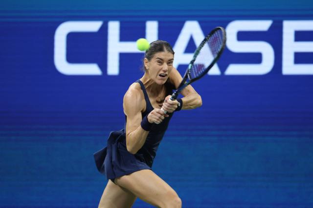 Romania's Sorana Cirstea hits a backhand return during the women's singles round of 16 tennis match against USA's Jessica Pegula on day eight of the US Open tennis tournament at the USTA Billie Jean King National Tennis Center in New York City on September 6, 2026. (Photo by Leonardo MUNOZ / AFP)