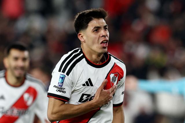 River Plate's midfielder #26 Tomas Galvan celebrates scoring his team's second goal during the Argentine Professional League 2026 Clausura tournament football match between River Plate and Independiente Rivadavia, at the Monumental Mas stadium in Buenos Aires on September 6, 2026. (Photo by Alejandro PAGNI / AFP)