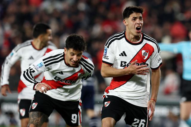 River Plate's midfielder #26 Tomas Galvan celebrates scoring his team's second goal during the Argentine Professional League 2026 Clausura tournament football match between River Plate and Independiente Rivadavia, at the Monumental Mas stadium in Buenos Aires on September 6, 2026. (Photo by Alejandro PAGNI / AFP)