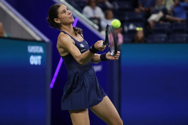 Romania's Sorana Cirstea hits a return during the women's singles round of 16 tennis match against USA's Jessica Pegula on day eight of the US Open tennis tournament at the USTA Billie Jean King National Tennis Center in New York City on September 6, 2026. (Photo by Leonardo MUNOZ / AFP)