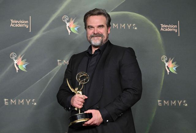 US actor David Harbour winner of Outstanding Supporting Actor in a Limited or Anthology Series or Movie for "DTF St. Louis" poses with his Emmy during Night Two of the 78th Emmy Awards at the Peacock Theater in Los Angeles on September 6, 2026. (Photo by LISA O'CONNOR / AFP)