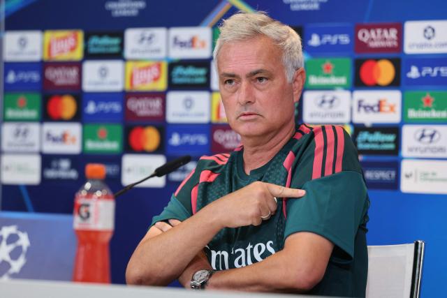 Real Madrid's Portuguese coach Jose Mourinho gives a press conference at the Ciudad Real Madrid training ground in Madrid on September 7, 2026 ahead of the UEFA Champions League first round day 1 football match between Real Madrid and Inter Milan. (Photo by Thomas COEX / AFP)