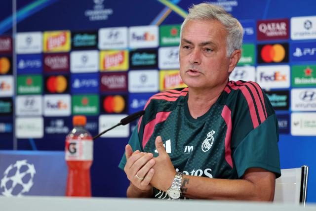 Real Madrid's Portuguese coach Jose Mourinho gives a press conference at the Ciudad Real Madrid training ground in Madrid on September 7, 2026 ahead of the UEFA Champions League first round day 1 football match between Real Madrid and Inter Milan. (Photo by Thomas COEX / AFP)