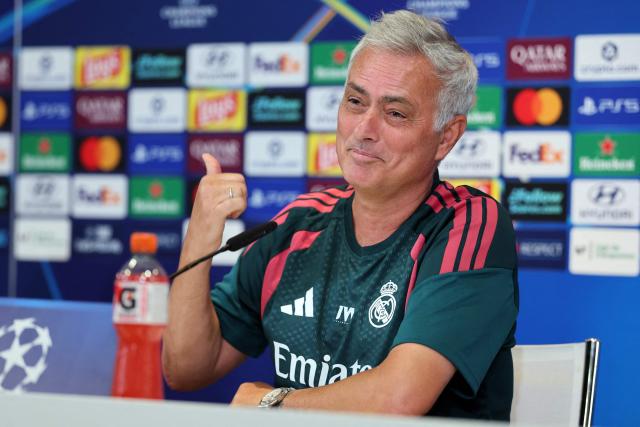 Real Madrid's Portuguese coach Jose Mourinho gives a press conference at the Ciudad Real Madrid training ground in Madrid on September 7, 2026 ahead of the UEFA Champions League first round day 1 football match between Real Madrid and Inter Milan. (Photo by Thomas COEX / AFP)