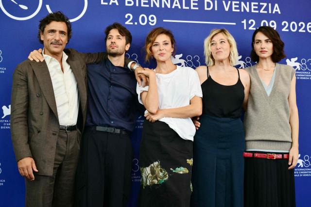 (From L) Italian actor Adriano Giannini, Italian filmmaker Paolo Strippoli, Italian actresses Jasmine Trinca, Valeria Bruni Tedeschi and Romana Maggiora Vergano attend the photocall of "L’estranea" presented in competition at the 83rd International Venice Film Festival, at Venice Lido on September 7, 2026. (Photo by Stefano RELLANDINI / AFP)