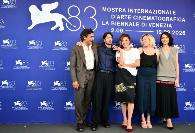 (From L) Italian actor Adriano Giannini, Italian filmmaker Paolo Strippoli, Italian actresses Jasmine Trinca, Valeria Bruni Tedeschi and Romana Maggiora Vergano attend the photocall of "L’estranea" presented in competition at the 83rd International Venice Film Festival, at Venice Lido on September 7, 2026. (Photo by Stefano RELLANDINI / AFP)