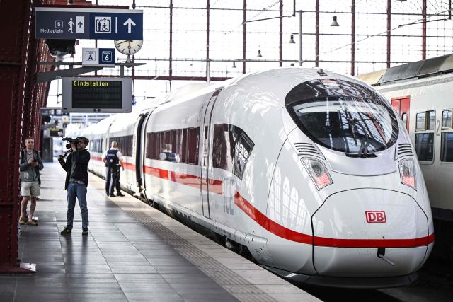 An ICE high speed train, jointly operated by German rail company Deutsche Bahn and Belgian rail operator SNCB, arrives at Antwerpen-Centraal railway station on the inaugural run of a new direct high speed rail link between Antwerp and Cologne, Germany, in Antwerp on September 7, 2026. (Photo by Tom Goyvaerts / Belga / AFP) / Belgium OUT