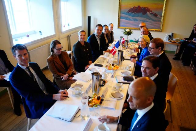 Denmark's Prime Minister Mette Frederiksen (3rd L) holds a meeting with Greenland's leader Jens-Frederik Nielsen (4th L) and EU Commission President Ursula von der Leyen (4th R) hold a press conference in Nuuk, Greenland, on September 7, 2026. (Photo by Mads Claus Rasmussen / Ritzau Scanpix / AFP) / Denmark OUT