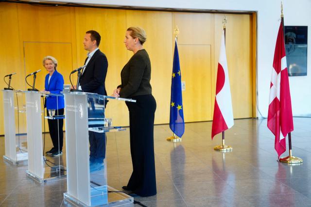 (R-L) Denmark's Prime Minister Mette Frederiksen, Greenland's leader Jens-Frederik Nielsen, and EU Commission President Ursula von der Leyen hold a press conference in Nuuk, Greenland, on September 7, 2026. (Photo by Mads Claus Rasmussen / Ritzau Scanpix / AFP) / Denmark OUT