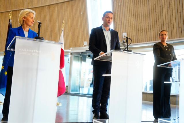(R-L) Denmark's Prime Minister Mette Frederiksen, Greenland's leader Jens-Frederik Nielsen, and EU Commission President Ursula von der Leyen hold a press conference in Nuuk, Greenland, on September 7, 2026. (Photo by Mads Claus Rasmussen / Ritzau Scanpix / AFP) / Denmark OUT