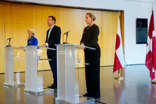 (R-L) Denmark's Prime Minister Mette Frederiksen, Greenland's leader Jens-Frederik Nielsen, and EU Commission President Ursula von der Leyen hold a press conference in Nuuk, Greenland, on September 7, 2026. (Photo by Mads Claus Rasmussen / Ritzau Scanpix / AFP) / Denmark OUT