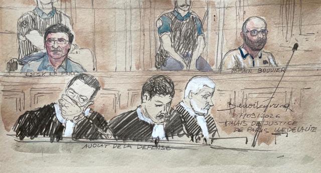 This court sketch made on September 7, 2026 shows far-right activists Loik Le Priol (L), 32, and Romain Bouvier (R), 35, siting behind their lawyers on the opening day of their trial before the Assizes of Paris over the 2022 killing of Argentine rugby international Federico Martin Aramburu after a late-night argument turned violent. Aramburu, 42, was with another player sitting at a brasserie in Paris in the early hours of March 19, 2022 when they argued with Loik Le Priol and Romain Bouvier. After the sportsmen left, the two accused are suspected of having fired several shots at Aramburu, who died of his wounds. (Photo by Benoit PEYRUCQ / AFP)