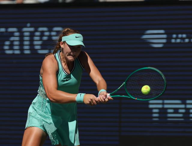 Russia's Mirra Andreeva hits a return against Austria's Anastasia Potapova during their women's singles round of 16 tennis match on day nine of the US Open tennis tournament at the USTA Billie Jean King National Tennis Center in New York City on September 7, 2026. (Photo by TIMOTHY A. CLARY / AFP)